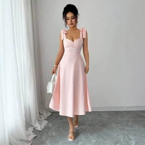 Women Elegant Solid Color Midi Strap Dress Summer Fashion Bow Shoulder Sleeveless Bodycon V-Neck Polyester Dress For Party Wedding