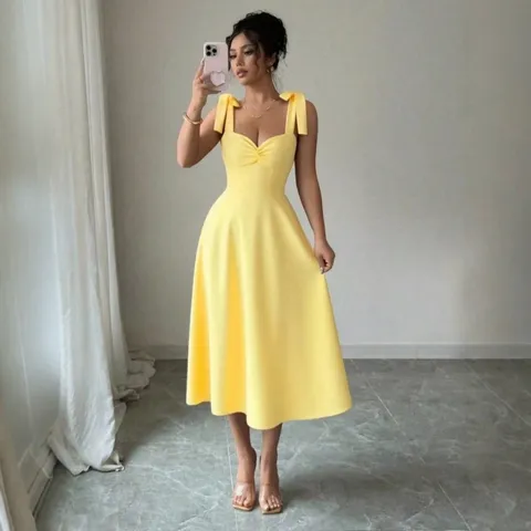 Abito Midi da Donna Elegante a Tinta Unita Con Spalline Moda Estiva Spalline Con Fiocco Senza Maniche Aderente Scollo a V per Festa Matrimonio