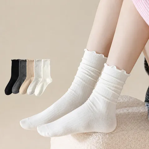 Women Lace Wood Ear Trim Cotton Mid-Calf Socks Solid Color Ribbed Slouchy Casual Sweet Breathable Cotton Crew Socks