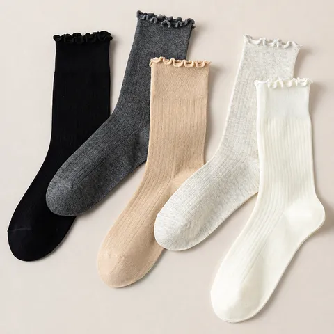 Women Lace Wood Ear Trim Cotton Mid-Calf Socks Solid Color Ribbed Slouchy Casual Sweet Breathable Cotton Crew Socks