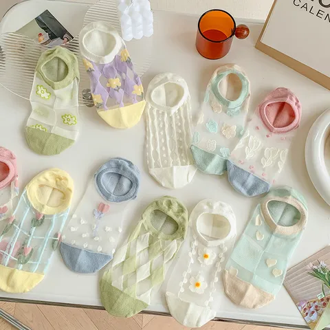 Women Cotton No Show Socks Thin Summer Low Cut Invisible Socks Non Slip Japanese Style Floral Heart Pattern Short Socks