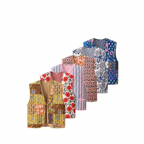 Women French Style Quilted Floral Print Vest Sleeveless V-Neck Tie-Front Padded Waistcoat Casual Vintage Patchwork Outerwear Top