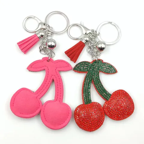 Rhinestone Cherry Keychain With Suede Tassel For Women Cute Fruit Bag Charm Car Pendant Key Ring Accessory Gift