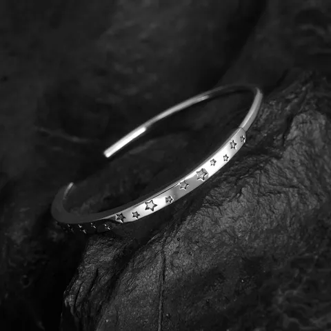 Brazalete Abierto de Plata de Ley 925 Con Pentagrama Estrella para Mujer Hombre Joyería de Pareja Personalizada Minimalista Brazalete Ajustable