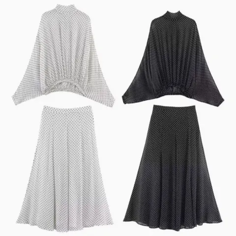 Women Polka Dot Two Piece Outfit Elegant Batwing Sleeve Blouse And High Waist Maxi Skirt Top And Bottom Fashion Casual Wear
