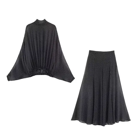 Women Polka Dot Two Piece Outfit Elegant Batwing Sleeve Blouse And High Waist Maxi Skirt Top And Bottom Fashion Casual Wear
