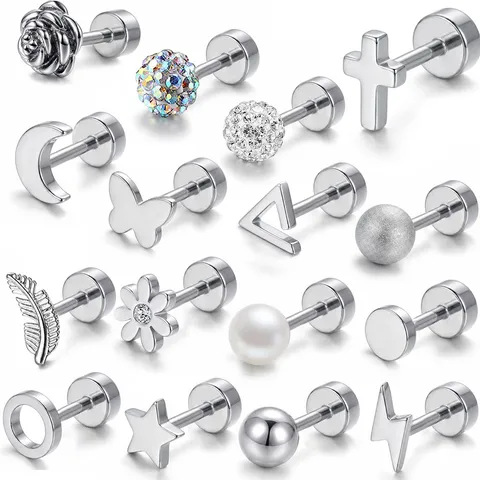 Polished Stainless Steel Cartilage Piercing Stud Earrings Moon Star Rose Butterfly Rhinestone Pearl Screw Back Piercing Jewelry For Women Men