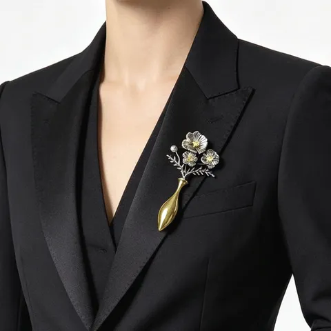 Vintage Distressed Alloy Flower Vase Brooch For Women 3D Long Floral Design Brooch Elegant Suit Pin Clothing Jewelry Accessory