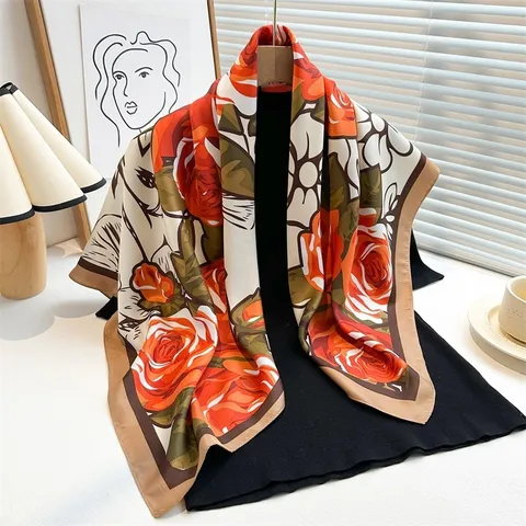 Foulard Carré en Satin à Imprimé Floral de Roses Vintage pour Femmes Élégant Grand Foulard en Sergé Sensation Soie Châle de Mode
