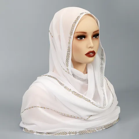 Women Elegant Chiffon Hijab Long Scarf With Rhinestone Edges Breathable Solid Color Muslim Shawl Fashion Scarf For Daily Party Wear
