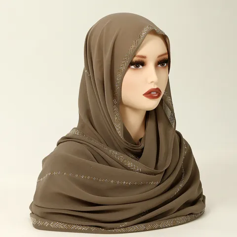 Women Elegant Chiffon Hijab Long Scarf With Rhinestone Edges Breathable Solid Color Muslim Shawl Fashion Scarf For Daily Party Wear