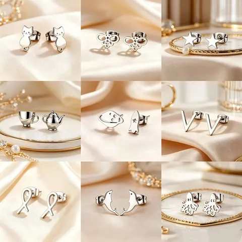 Kleine Roestvrij Stalen Strass Oorknopjes Minimalistisch Geometrisch Maan Ster Kat Hartvorm Mode Sieraden Voor Vrouwen