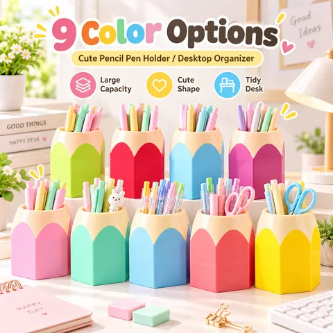 Creative Pencil Shaped Desktop Pen Holder Hexagonal Color-Blocking Stationery Storage Box Office Supplies Student Desk Organizer