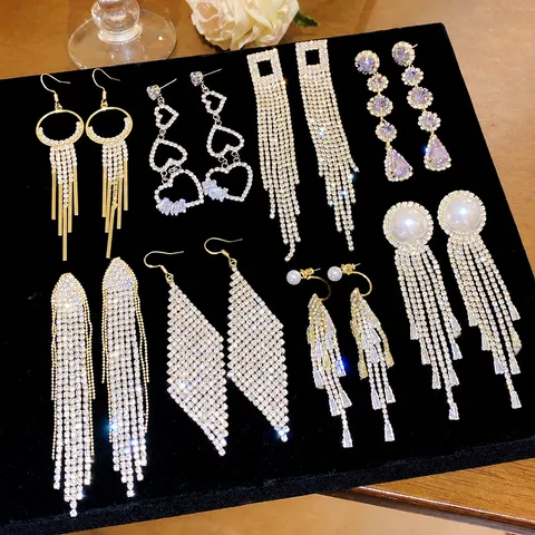 Orecchini Pendenti Lunghi Con Frange Zirconi Lucidi Strass Rame Con Perno In Argento Sterling 925 Eleganti Per Donna