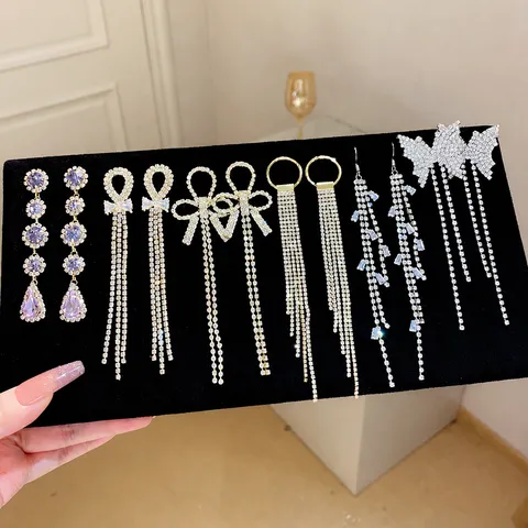 Boucles Oreilles Pendantes Longues Franges Zircon Brillant Strass Cuivre Avec Tige En Argent Sterling 925 Pour Femmes