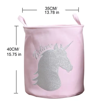 Pink Canvas Laundry Basket Glitter Sequin Unicorn Rabbit Rainbow Storage Bin Dual Handles Kids Girls Nursery Organization