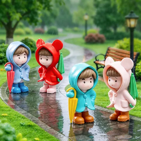 Cute Raincoat Couple Figurine Miniature Resin Ornament Cartoon Character Micro Landscape DIY Garden Decor Desktop Toy