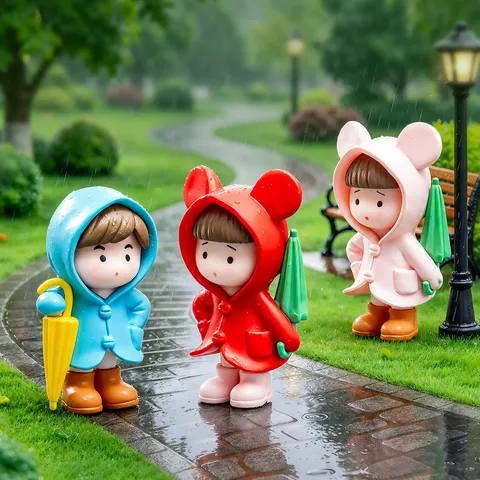 Cute Raincoat Couple Figurine Miniature Resin Ornament Cartoon Character Micro Landscape DIY Garden Decor Desktop Toy