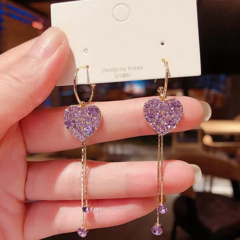 Koreaanse Mode Legering Strass Hart Kwastje Oorbellen Met 925 Sterling Zilver Stift Goud Paars Lange Ketting Oorbellen Voor Vrouwen Sieraden