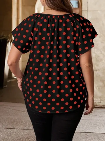 Camicia da Donna Taglie Forti a Pois Moda Casual Scollo a V con Fiocco Manica Corta Camicetta Pendolare Estate Top in Poliestere