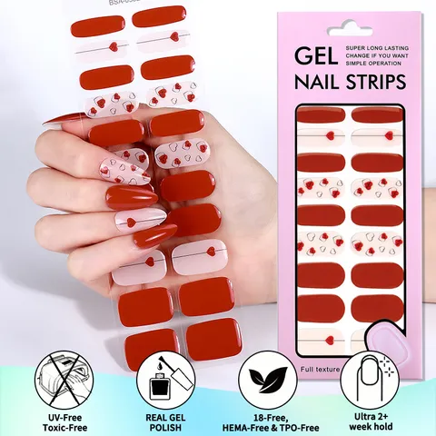 French Style Gel Nail Stickers Waterproof Heart Pattern Glitter Smudge UV-Free Nail Art Strips Full Wraps For Women Beauty