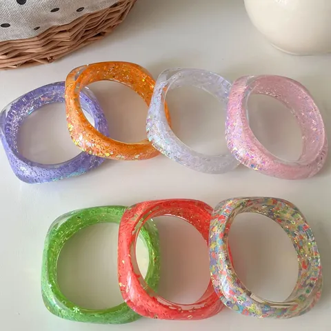 Dopamin Bunt Klobig Harz Armreif Mit Glitzer Quadratisch Geometrisch Harz Armband Für Damen Mode Schmuck Zubehör