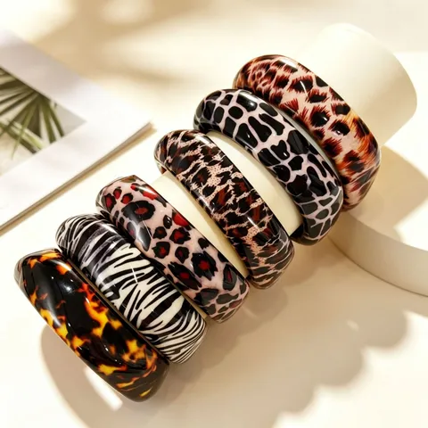 Bracelet Jonc en Résine Vintage Imprimé Léopard pour Femmes Bracelet en Résine Poli Mode Automne Hiver Bijoux