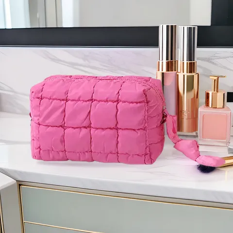 Quilted Puffy Space Cotton Makeup Bag For Women Large Capacity Portable Travel Toiletry Organizer Solid Color Cosmetic Storage Pouch Handle