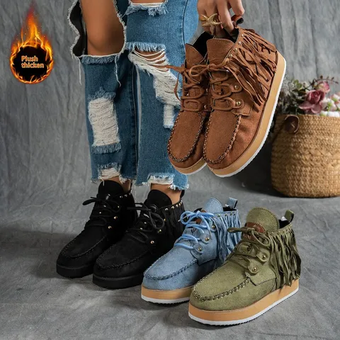 Damen Western Cowboy Stiefeletten Mit Fransen Nieten Dicke Sohle Schnürung Plus Größe Winter Warm Plüschfutter Kurzstiefel