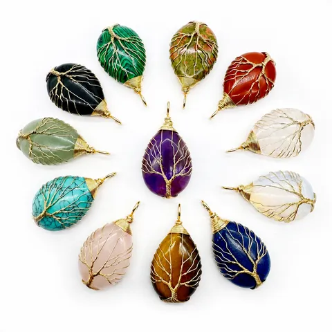 Natural Stone Agate Tree Of Life Wire Wrapped Teardrop Pendant Necklace For Women Handmade Ins Style Jewelry Accessories