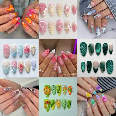 Uñas Postizas con Tallado Estereoscópico 3D Juego de 24 Piezas con Pegamento de Gelatina Uñas Postizas con Flores Estereoscópicas Fruta Ojo de Gato para Decoración de Uñas Mujer