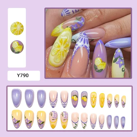 Uñas Postizas con Tallado Estereoscópico 3D Juego de 24 Piezas con Pegamento de Gelatina Uñas Postizas con Flores Estereoscópicas Fruta Ojo de Gato para Decoración de Uñas Mujer