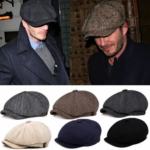 Vintage Newsboy Cap Tweed Herringbone Octagonal Beret Hat For Men Women Warm Retro British Style