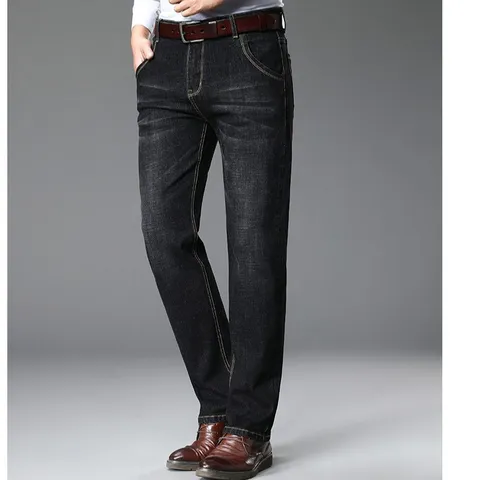 Men's Basic Straight Leg Jeans Business Casual Stretch Denim Pants Plus Size Washed Cotton Blend Trousers For Spring Autumn