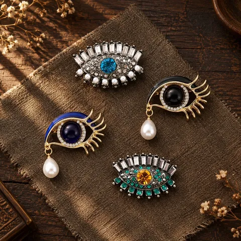 Vintage Alloy Evil Eye Brooch Pin With Rhinestone Enamel And Imitation Artificial Pearl Drop For Women Men Clothing Decoration Gift