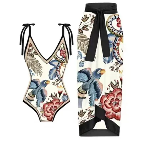 Women Sexy Tropical Parrot Floral Print Backless V-Neck One-Piece Swimsuit And Chiffon Beach Sarong Set Polyester Swimwear