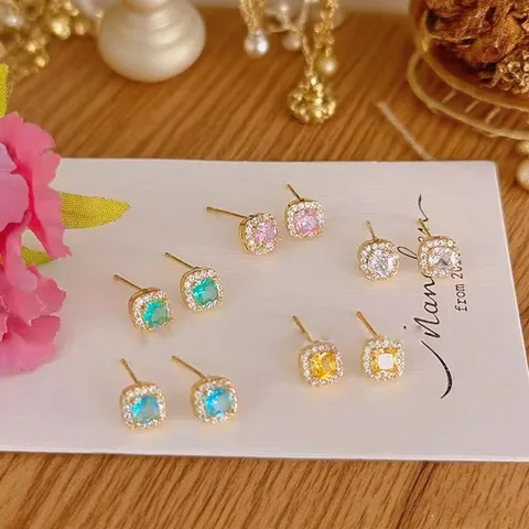 Elegant Copper Zirconia Sugar Cube Stud Earrings For Women Shiny Inlaid 925 Sterling Silver Post Fashion Jewelry Gift