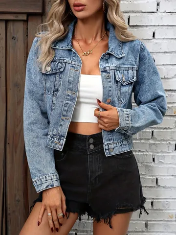Veste en Jean Bleue Lavée à Manches Longues Décontractée pour Femmes Manteau Court à Revers Streetwear en Mélange de Coton