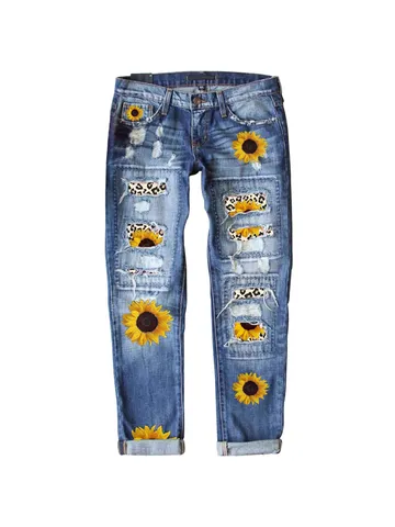Women Fashion Ripped Jeans Sunflower Leopard Patchwork Distressed Slim Fit Cotton Denim Pants Cuffed Hem Streetwear Jeans
