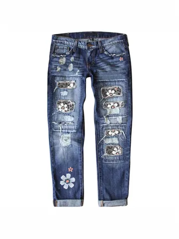 Women Fashion Ripped Jeans Sunflower Leopard Patchwork Distressed Slim Fit Cotton Denim Pants Cuffed Hem Streetwear Jeans