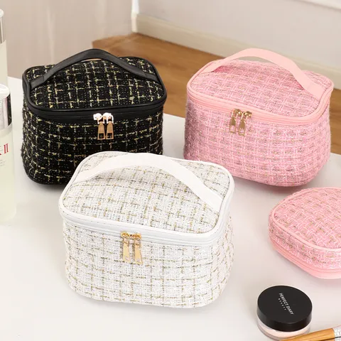 Mode Tweed Muster Schminktasche Große Kapazität Wasserdicht Tragbar Reise Kosmetik Organizer Etui Für Damen
