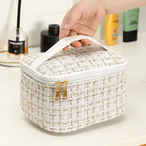 Mode Tweed Muster Schminktasche Große Kapazität Wasserdicht Tragbar Reise Kosmetik Organizer Etui Für Damen