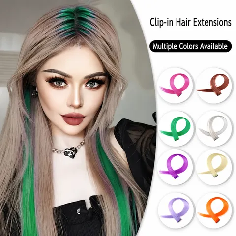 Colorful Seamless Clip In Hair Extensions One Piece Long Straight Synthetic Fiber Hair Piece For Highlights Women Party Styling
