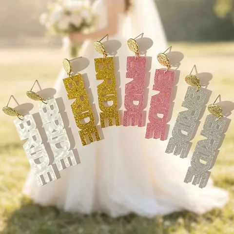 Μοντέρνα Ακρυλικά Σκουλαρίκια Bride με Γράμματα για Γυναίκες Γκλίτερ Πούλιες Γάμος Πάρτι INS Στυλ Κοσμήματα από Κράμα Ψευδαργύρου
