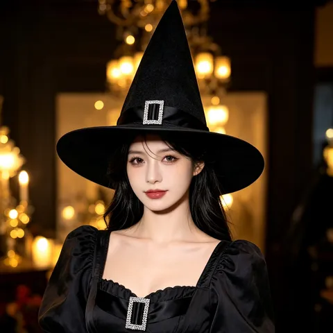Schwarzer Halloween Hexenhut Große Krempe Zaubererhut Für Damen Maskerade Cosplay Kostüm Requisite Mit Strass-Schnalle Zubehör