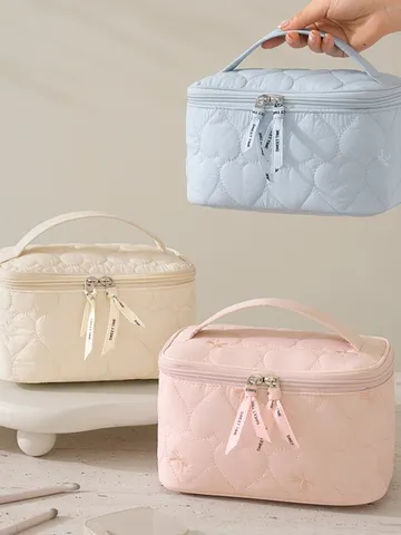 Heart Quilted Toiletry Bag Large Capacity Travel Cosmetic Organizer With Ribbon Bow Embroidery Sweet Style Makeup Case