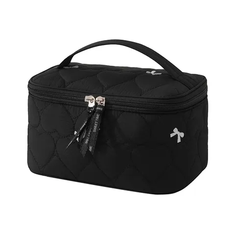 Trousse de Maquillage Matelassée en Cœur Grande Capacité Organisateur de Voyage Avec Broderie de Nœud Style Doux