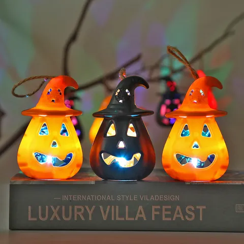 Halloween LED Pumpkin Lantern Witch Hat Handheld Electronic Candle Light Skull Lamp Party Decor Atmosphere Ornaments Gifts