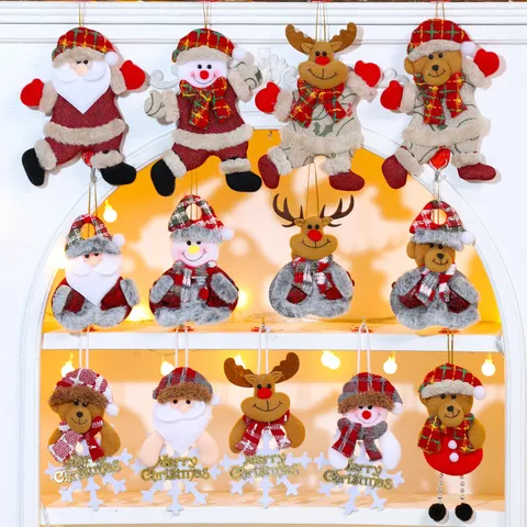 Christmas Tree Hanging Ornaments Cartoon Santa Claus Snowman Reindeer Bear Plaid Fabric Pendant For Holiday Party Home Window Decor
