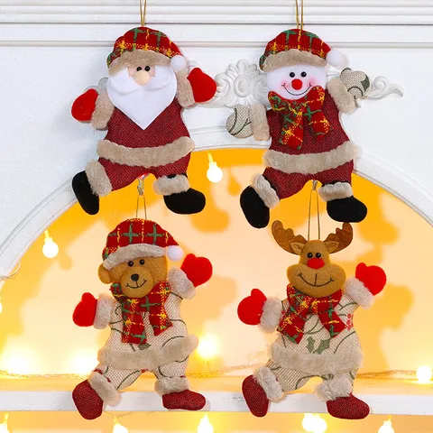 Christmas Tree Hanging Ornaments Cartoon Santa Claus Snowman Reindeer Bear Plaid Fabric Pendant For Holiday Party Home Window Decor